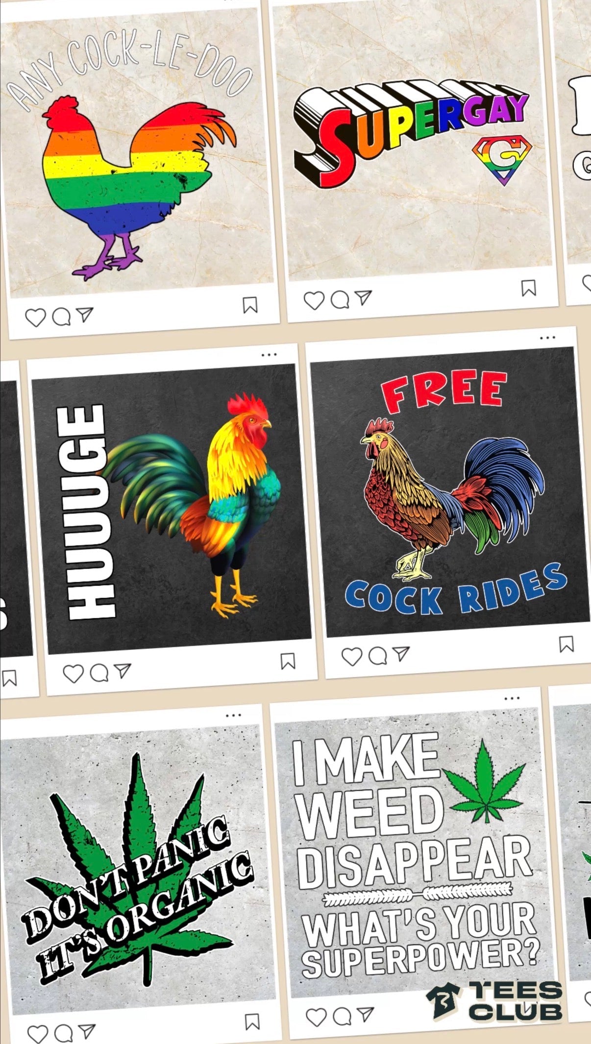 Graphic t-shirt designs featuring bold illustrations and humorous slogans, displayed as product thumbnails in an online apparel store