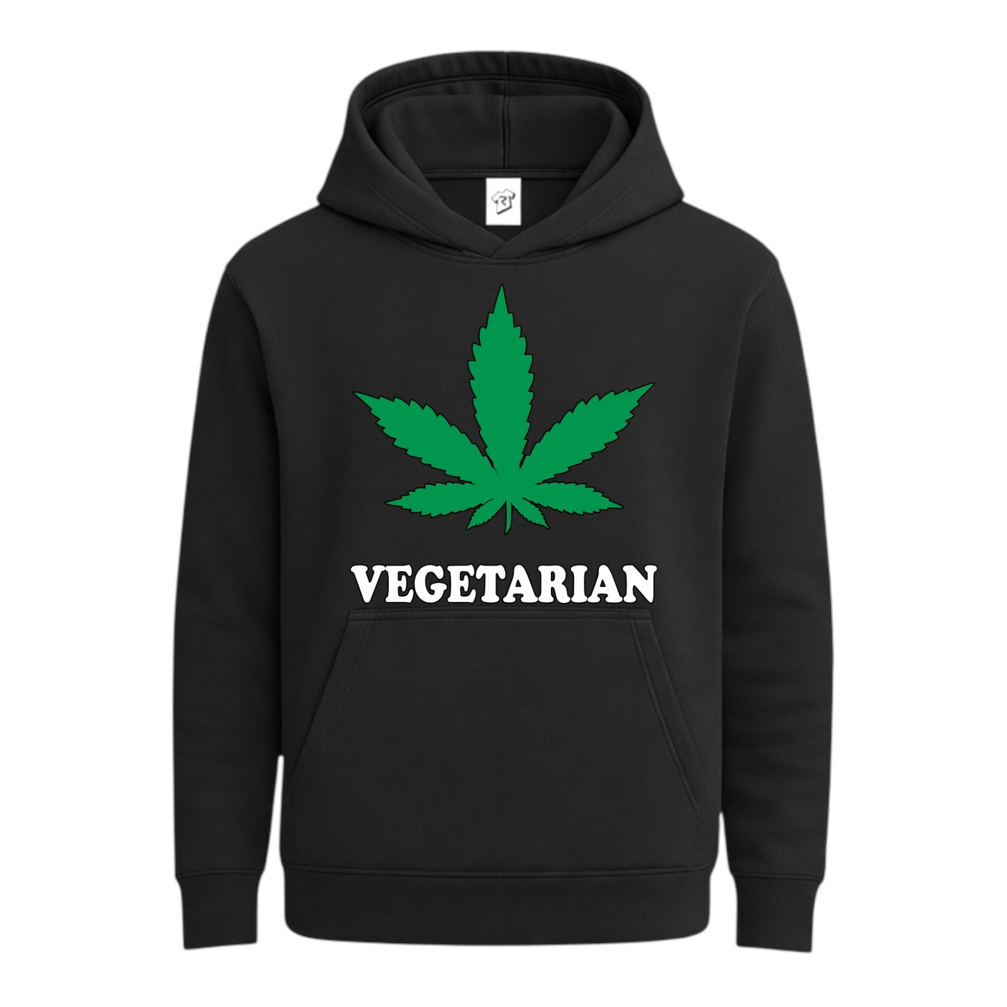 Vegetarian hoodie featuring a green cannabis leaf design on a black streetwear hoodie.