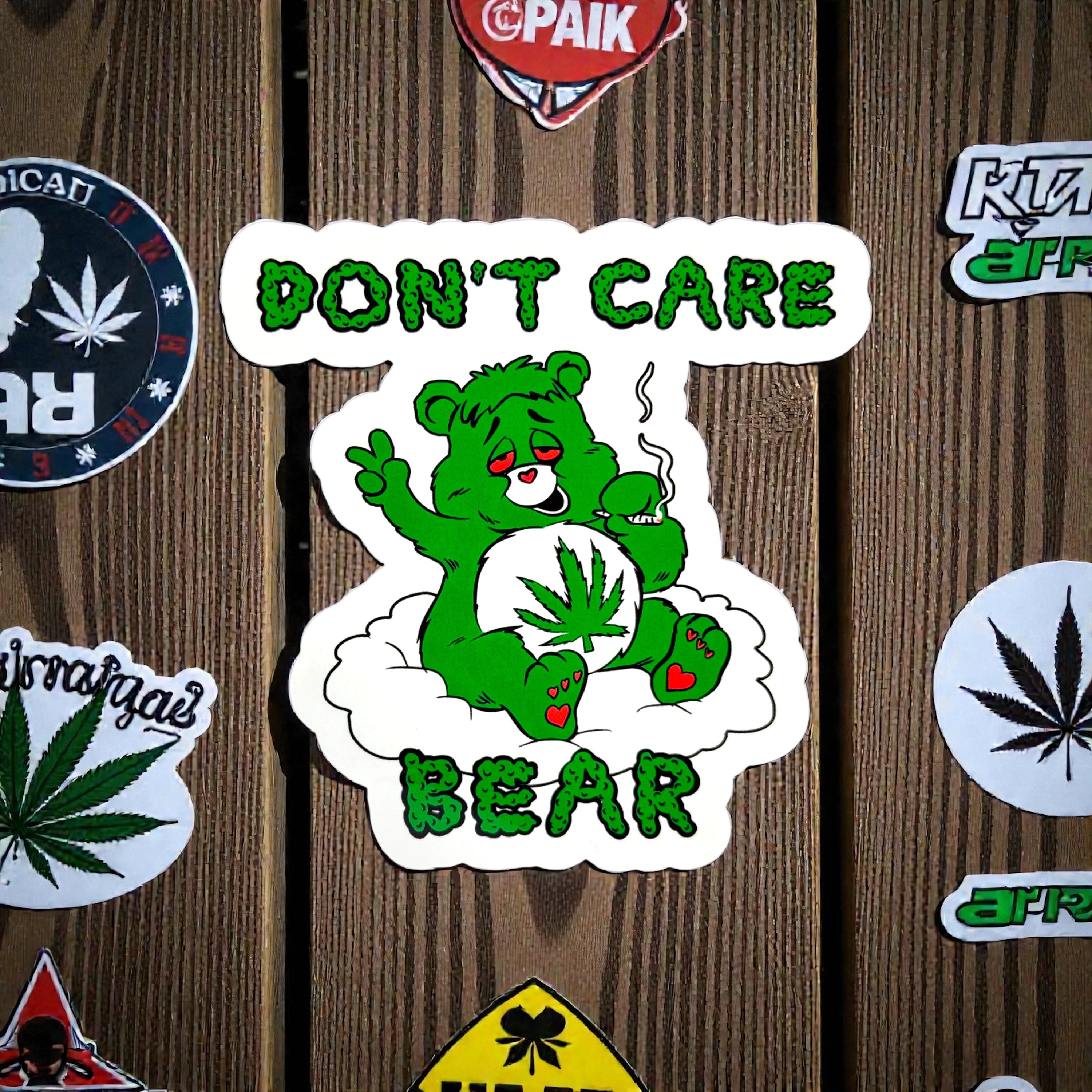 Tees Club vinyl sticker pack Don't Care Lazy Bear - Sticker (4" x 3") X3 pack back view
