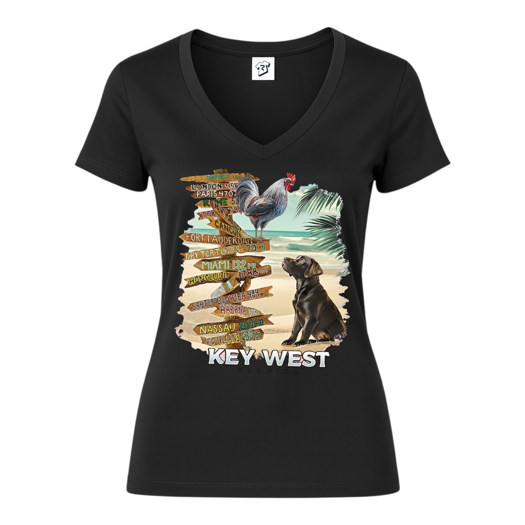 Tees Club v-neck t-shirt Dog and Rooster KW - V-Neck Tee Black Size XS front view