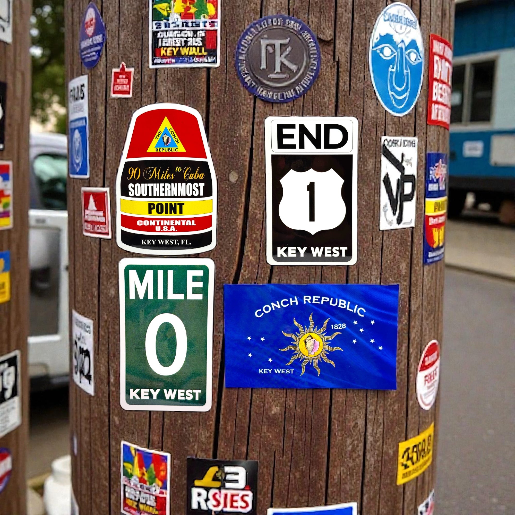 Tees Club vinyl sticker pack Key West Pack - Stickers (4" x 3") X3 pack back view