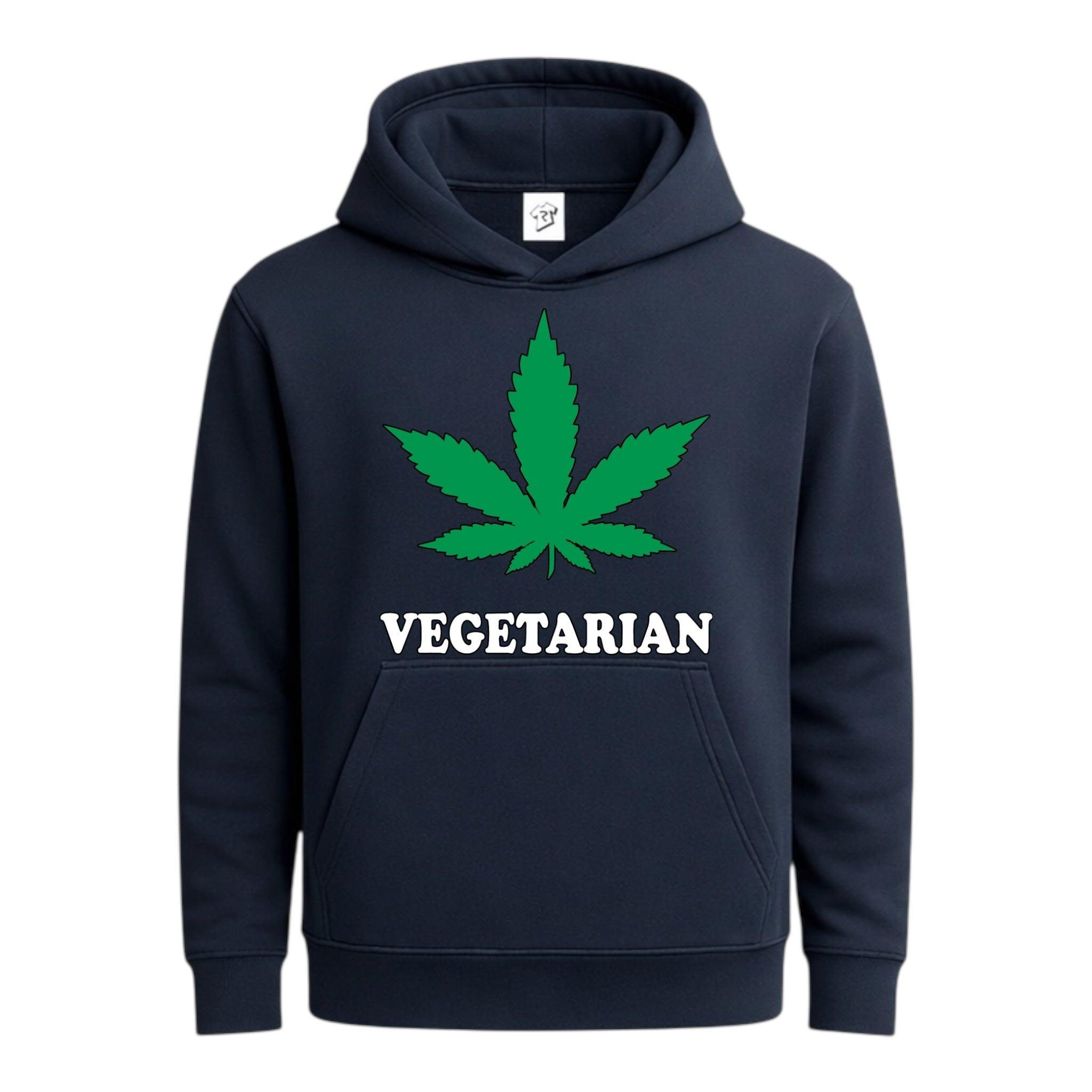 Vegetarian hoodie featuring a green cannabis leaf graphic on a navy background, perfect for streetwear style.