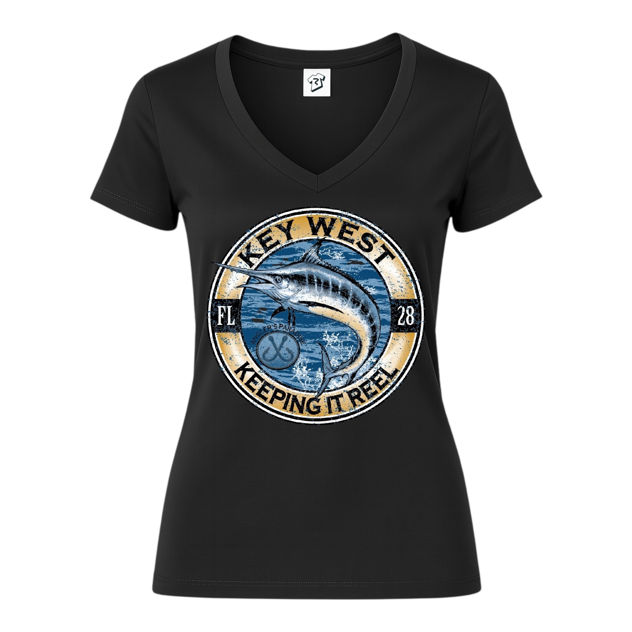 Tees Club v-neck t-shirt Marlin Fish KW - V-Neck Tee Black Size XS front view