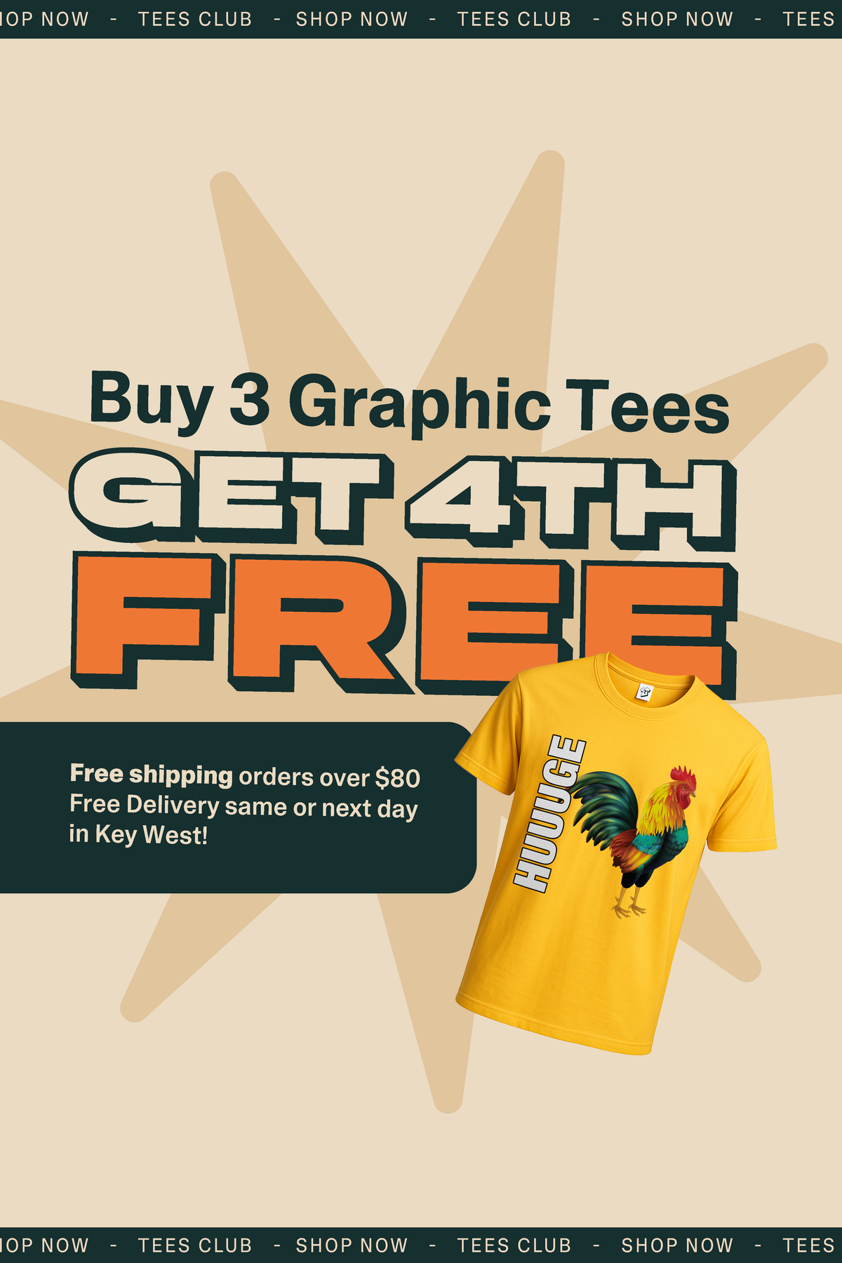 Promotional banner offering buy three graphic t-shirts and get the fourth free, featuring a yellow graphic tee from Tees Club