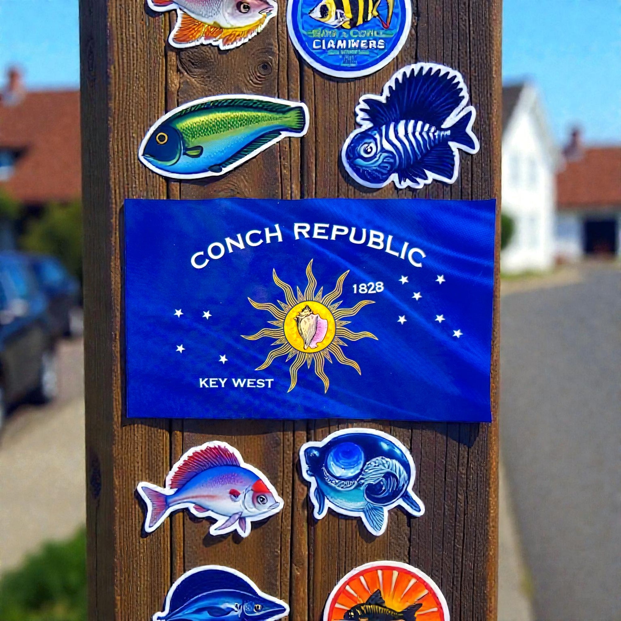 Tees Club vinyl sticker pack Conch Republic Flag - Sticker (4" x 3") X3 pack back view