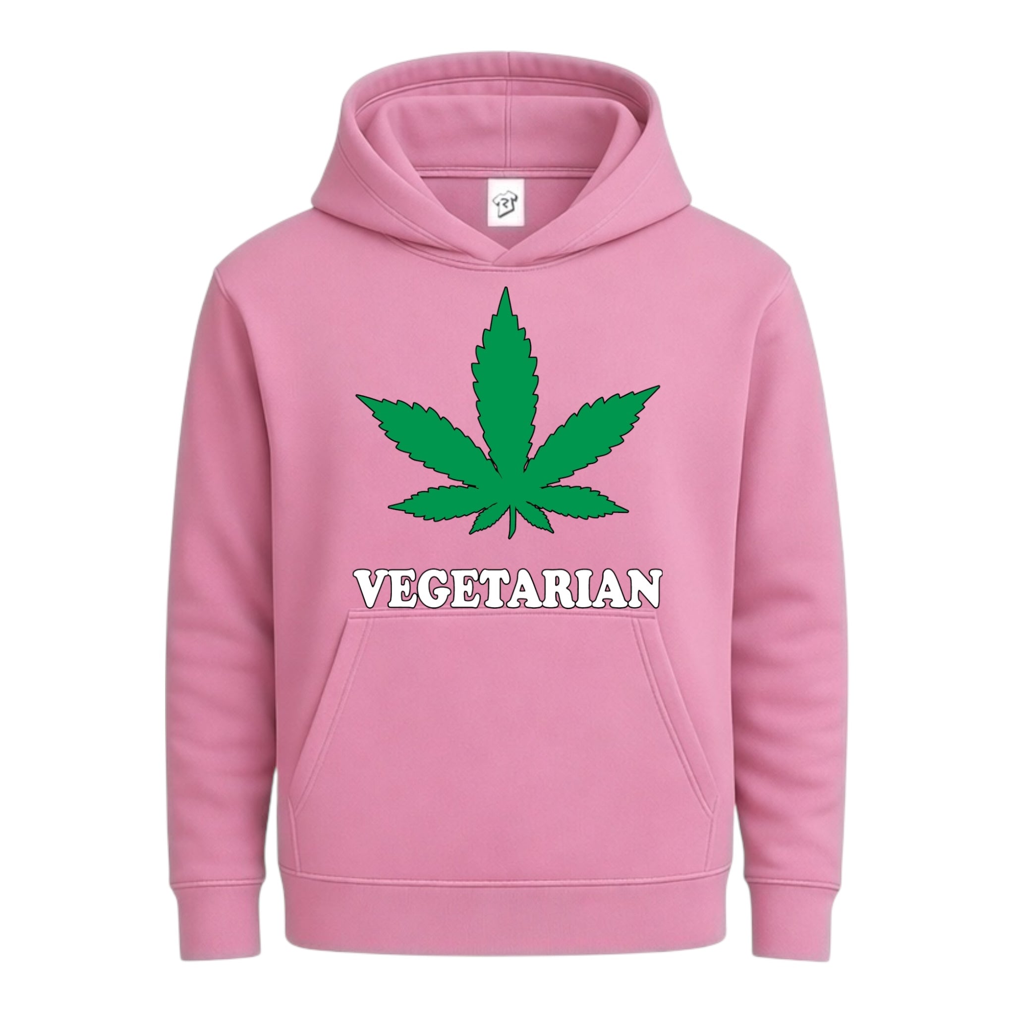 Vegetarian hoodie with green leaf graphic design on pink background for casual streetwear style.