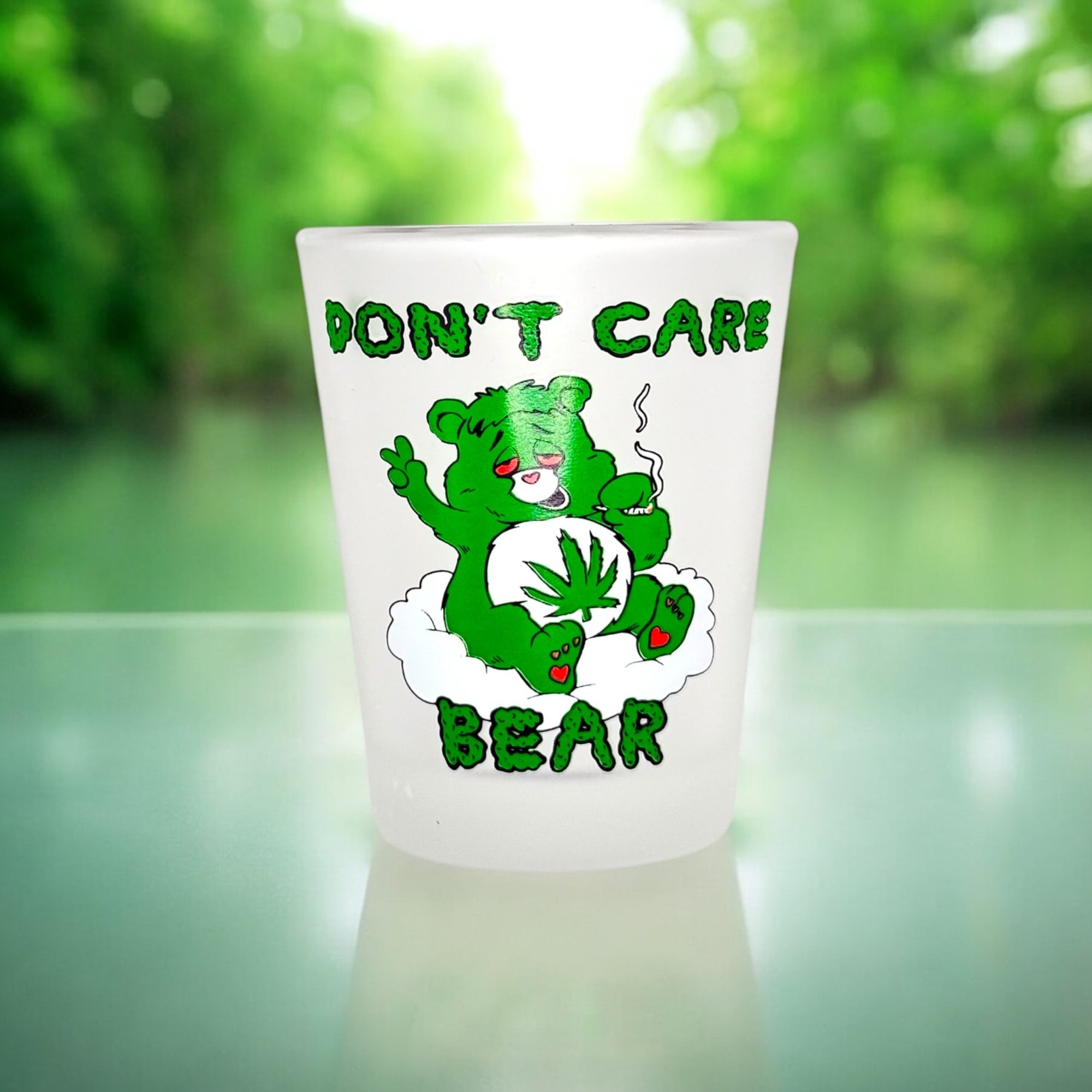 Tees Club shot glass set Don't Care Lazy Bear - Funny Shot Glass detail