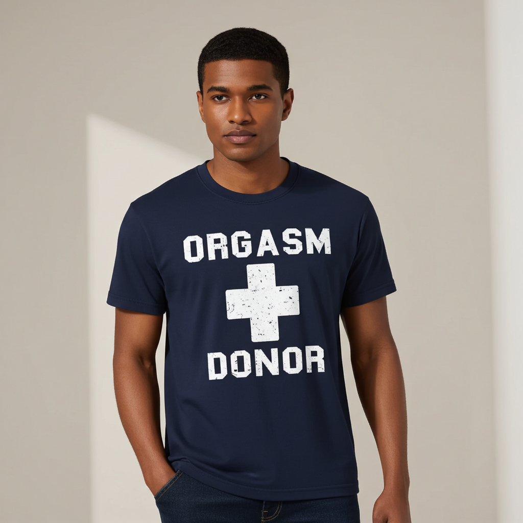 Funny graphic cotton tee Orgasm Donor front view navy