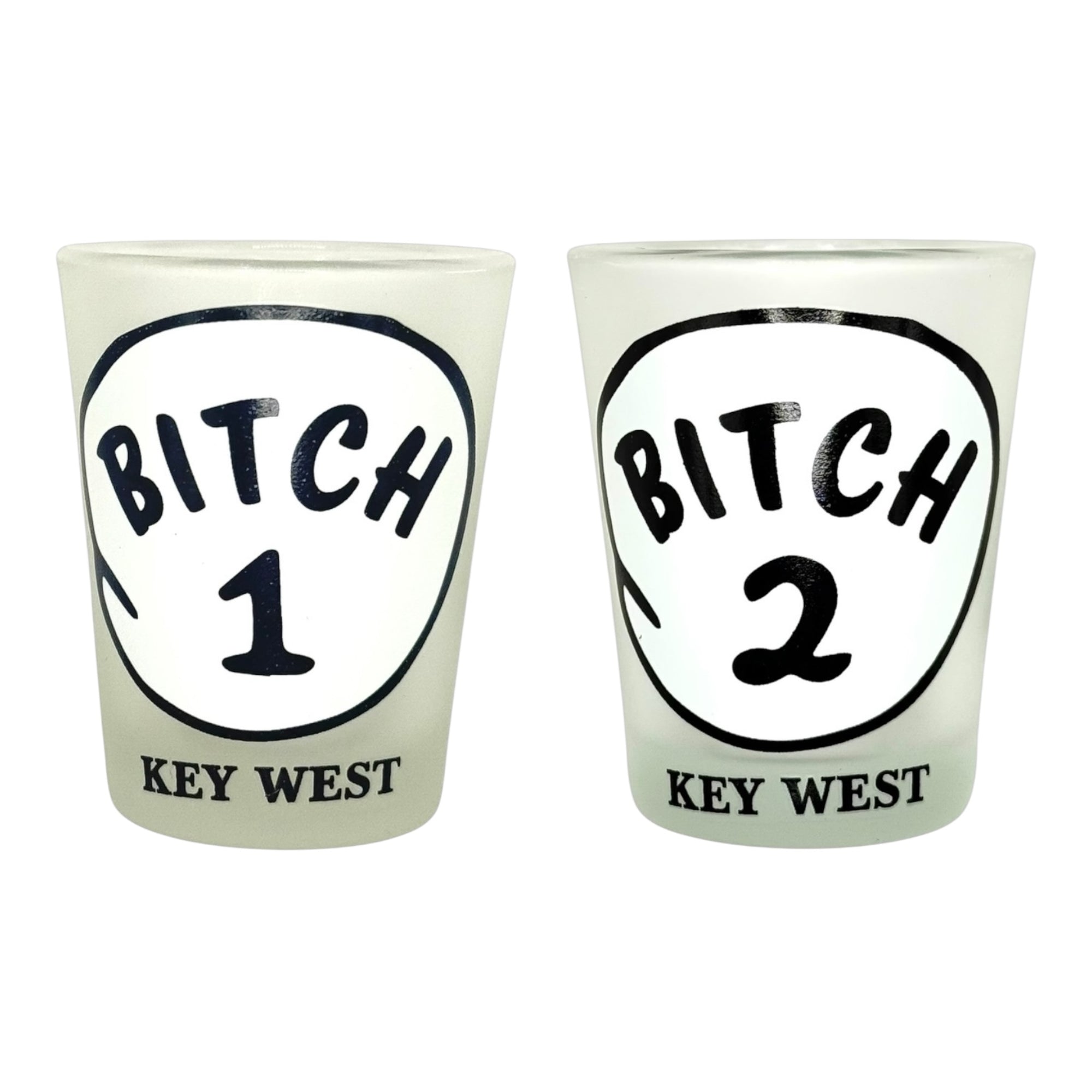 Tees Club shot glass set Bitch 1, 2 - Funny Shot Glasses KW front view