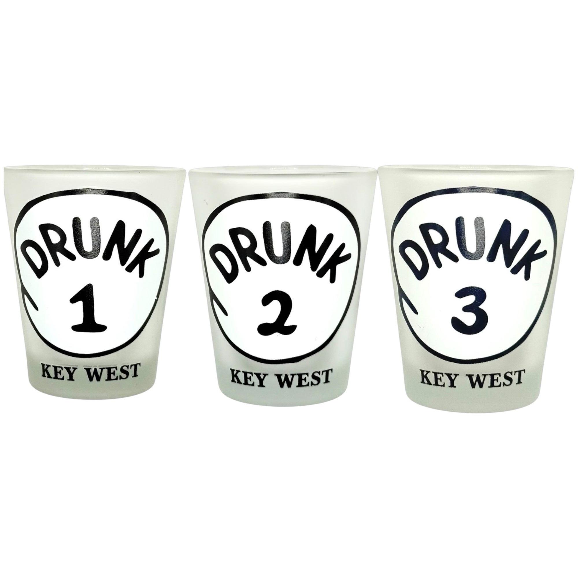 Tees Club shot glass set Drunk 1, 2, 3 - Funny Shot Glasses KW front view