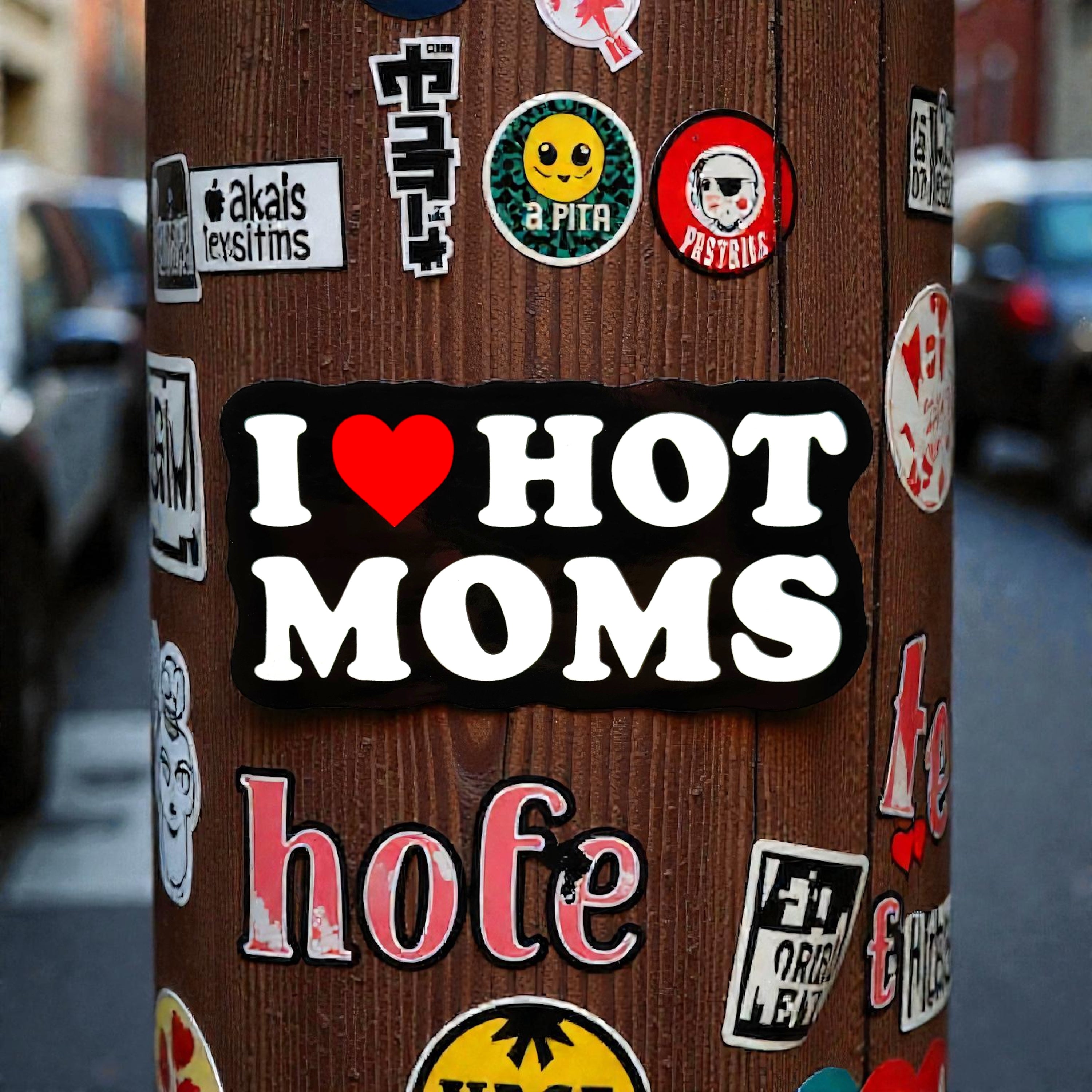 Tees Club vinyl sticker pack I Love Hot Moms - Sticker (4" x 3") X3 pack detail
