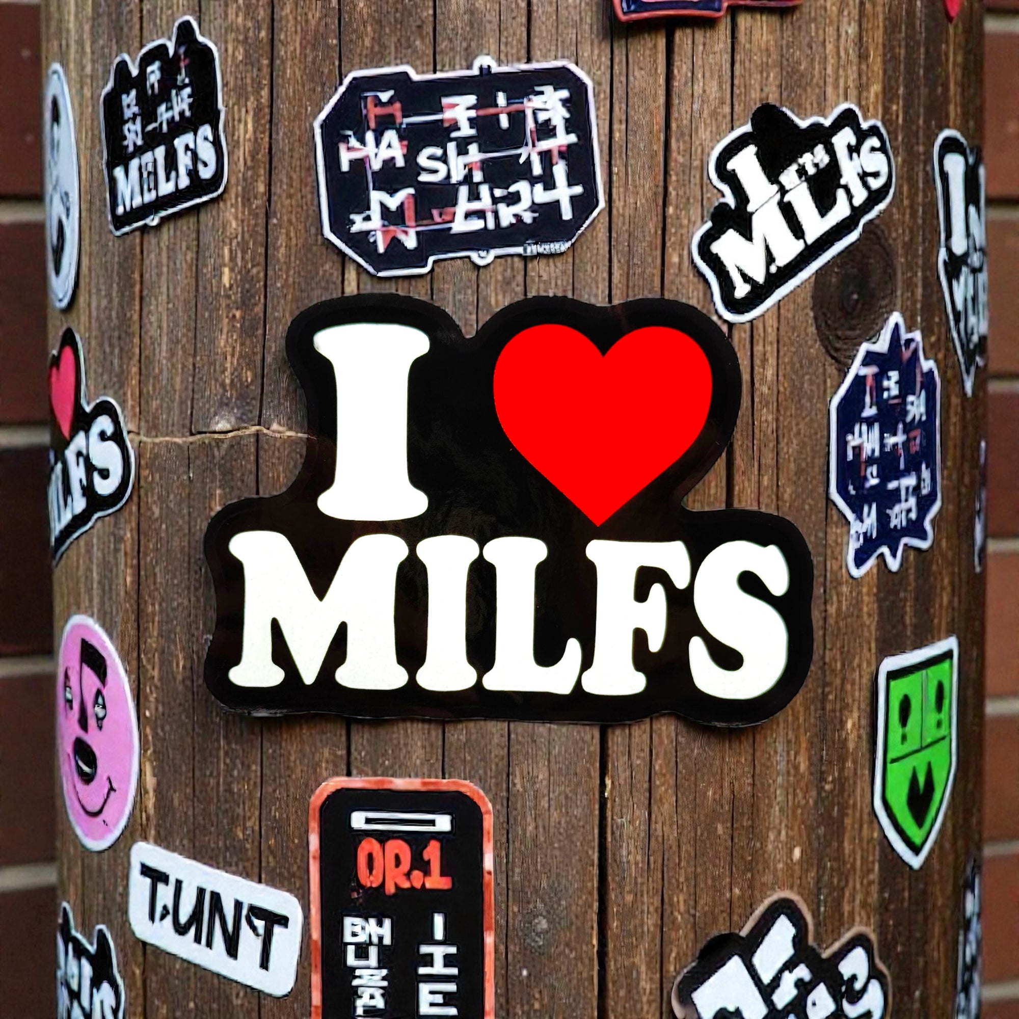 Tees Club vinyl sticker pack I Love Milfs - Sticker (4" x 3") X3 pack back view