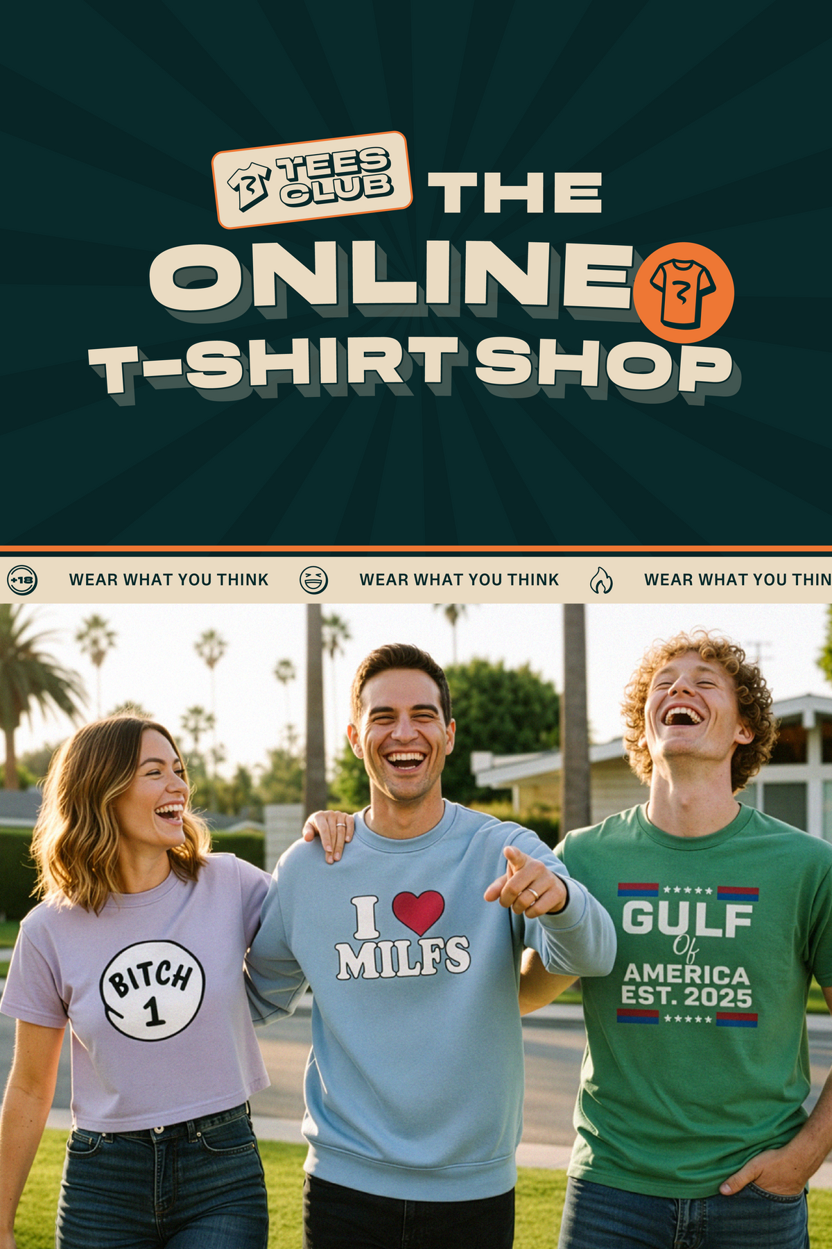 Group of young adults wearing colorful graphic t-shirts outdoors, showcasing streetwear designs from an online t-shirt shop