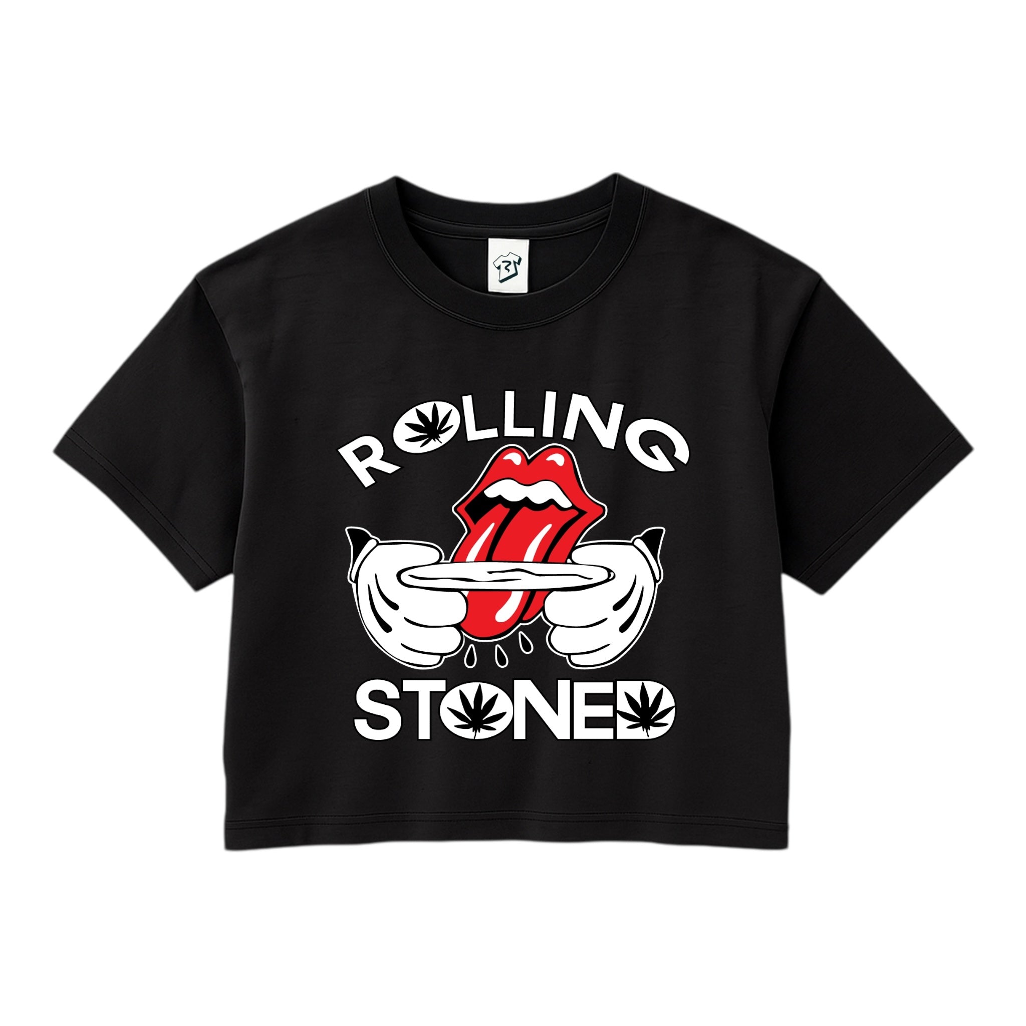 Graphic crop top featuring bold Rolling Stoned design, a playful graphic on soft black fabric.