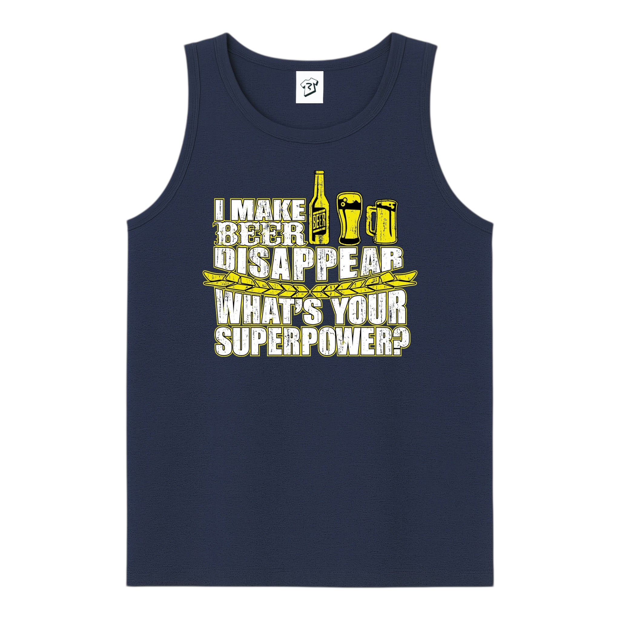 Tees Club tank top I Make Beer Disappear What's Your Superpower? - Tank Top Navy Size S front view