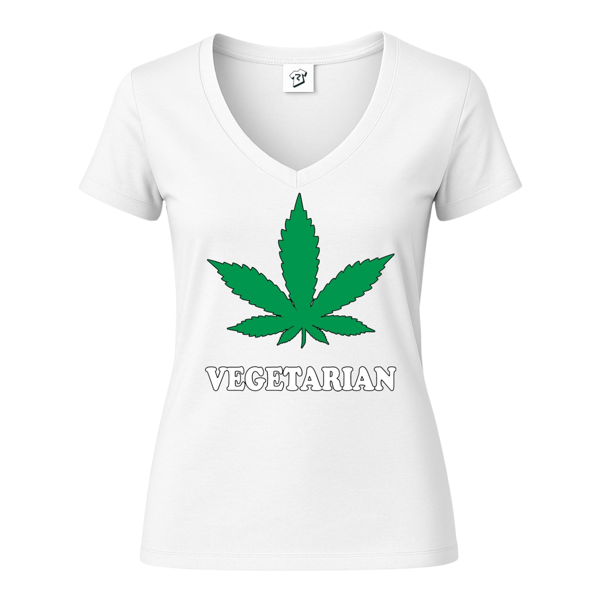 Vegetarian V Neck Tee featuring green leaf graphic and text, perfect for modern streetwear style.