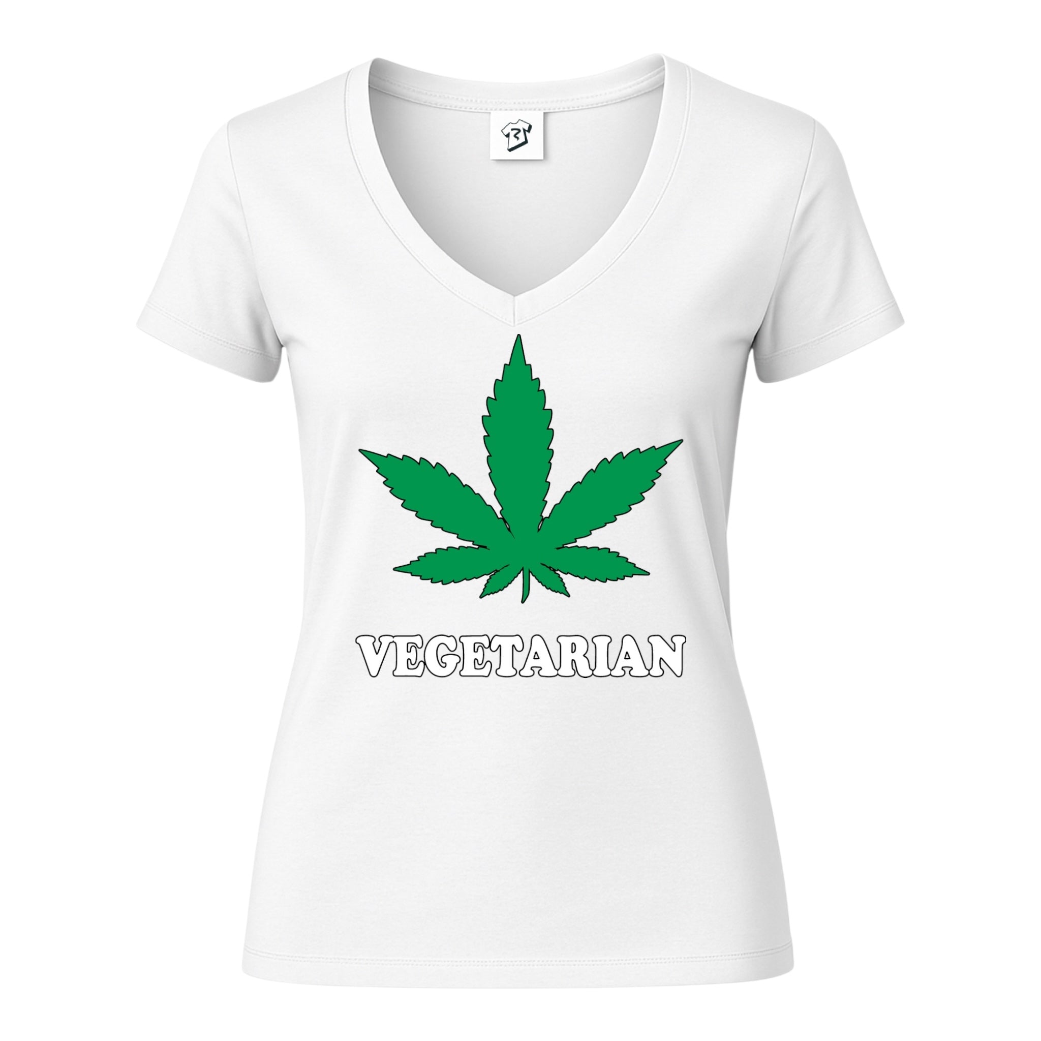Vegetarian V Neck Tee featuring green leaf graphic and text, perfect for modern streetwear style.