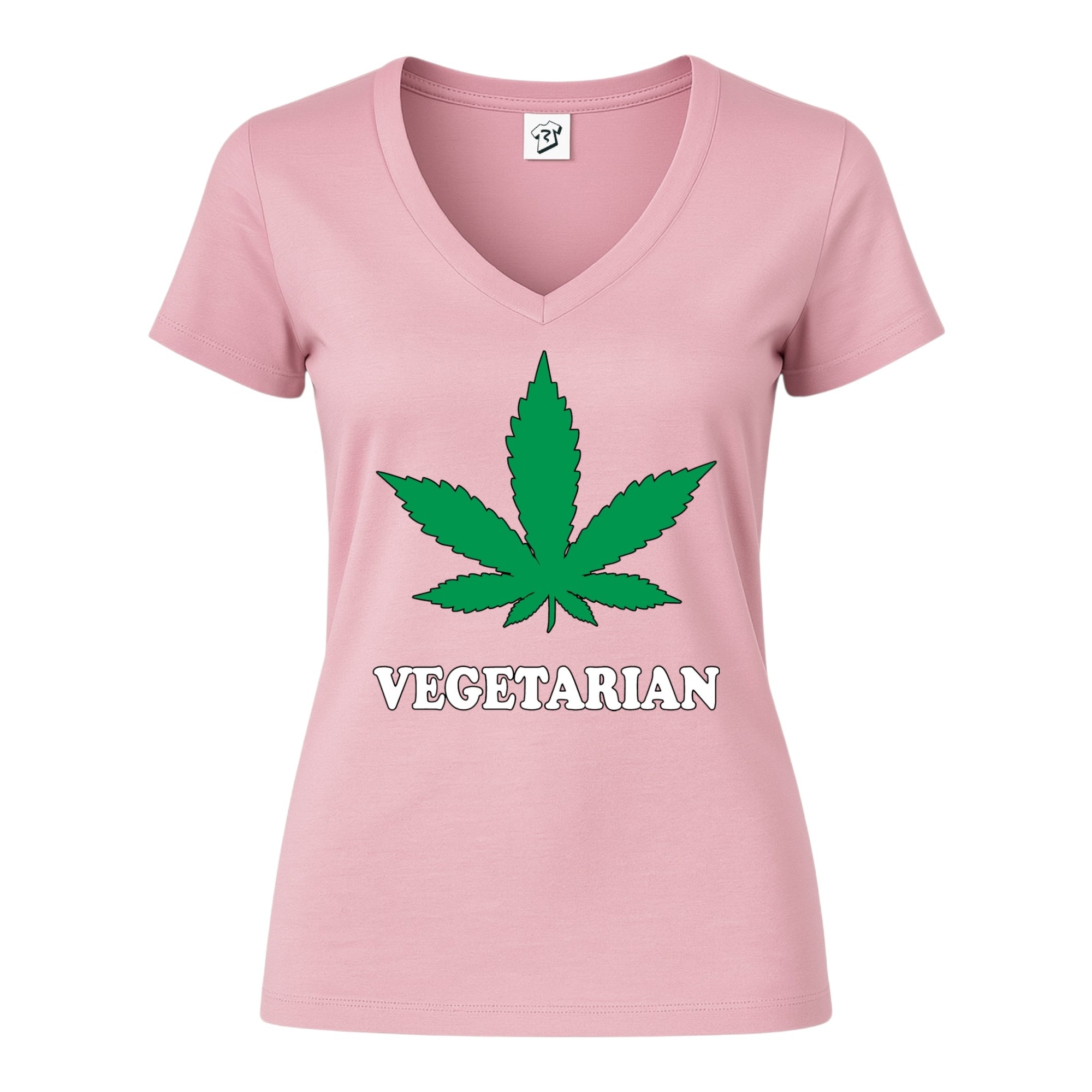 Vegetarian V Neck Tee featuring a green leaf graphic on a pink t-shirt for modern streetwear style.
