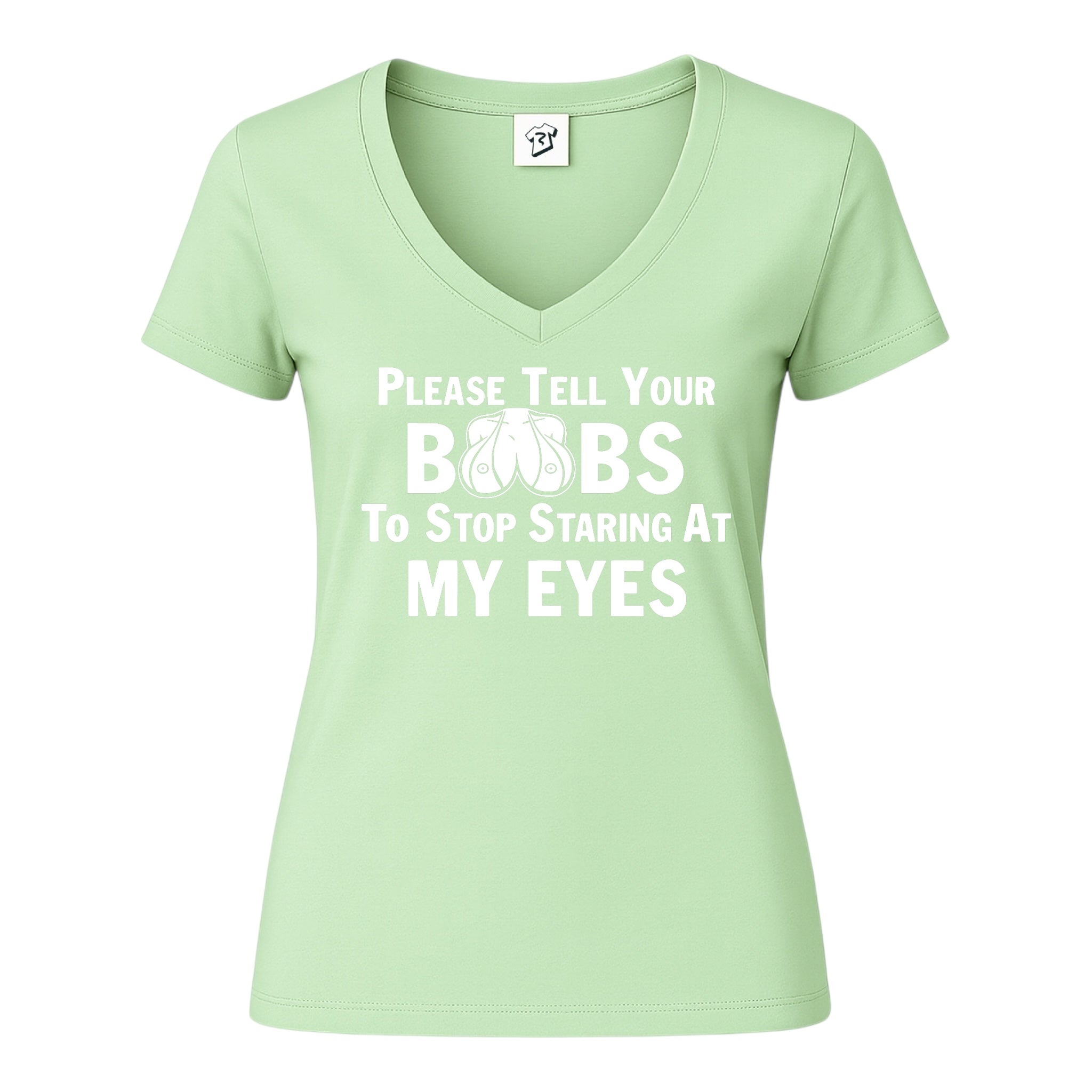 Tees Club v-neck t-shirt Please Tell Your Boobs to Stop Staring At My Eyes - V-Neck Tee Black Size XS back view